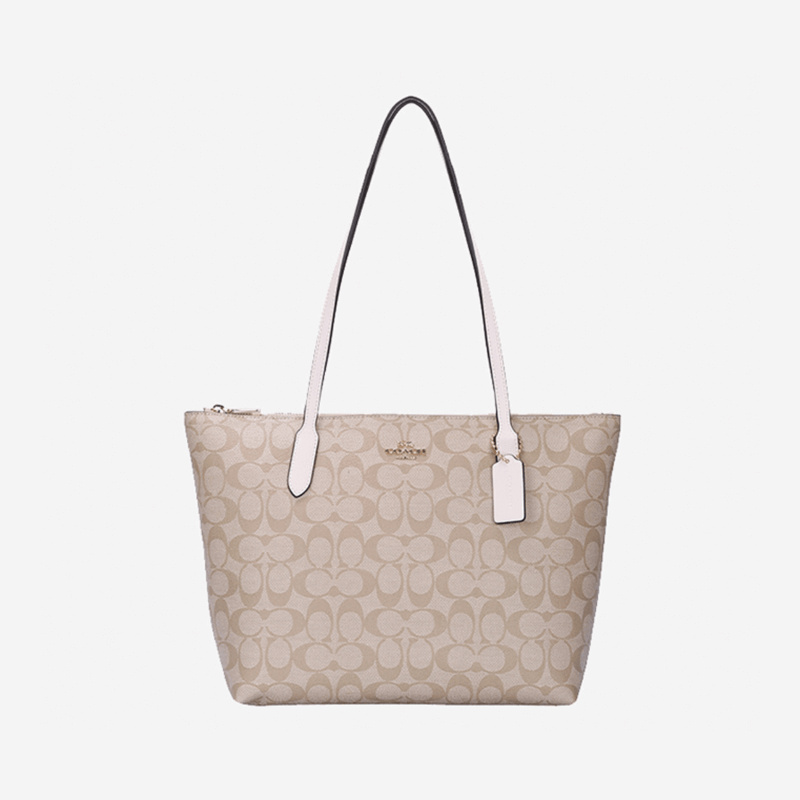 蔻驰（COACH)七夕礼物女士中号手提单肩托特包 卡其白色PVC4455IMDQC